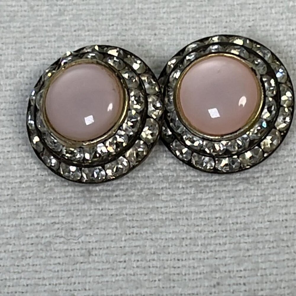 Vintage‎ Pink Cabochon Clip On Earrings w/ Rhinestones MCM Jackie O Style Subtle View 5